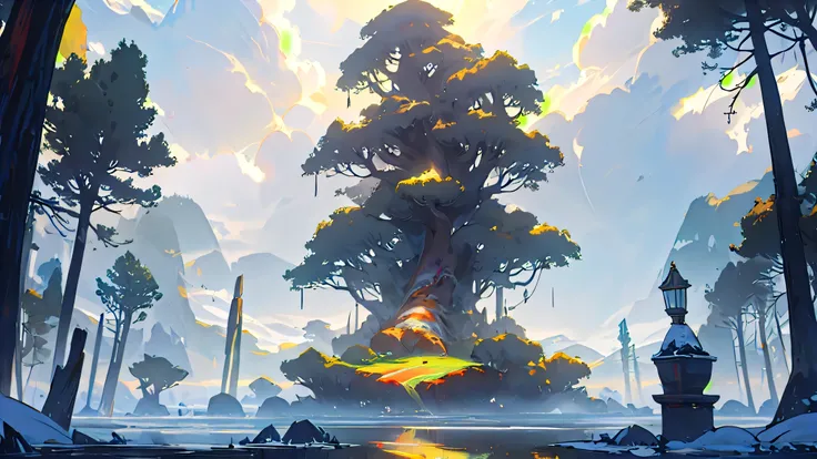 (masterpiece, best quality, ultra-detailed, award-winning concept art), colossal glowing tree on a floating island, fully visible and centered, golden roots, misty air, magical particles, dramatic dawn sky, layered clouds, soft sunbeams, distant snowy moun...