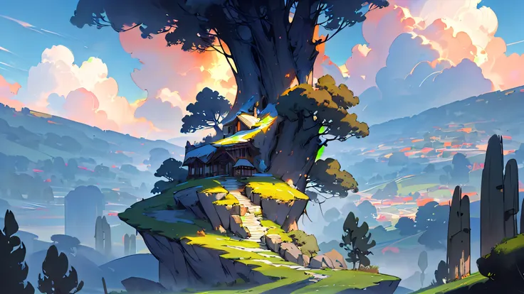 (masterpiece, best quality, ultra-detailed, award-winning concept art), a breathtaking, cinematic fantasy scene of a colossal majestic tree with glowing roots, perched and rooted atop a floating stone island in the sky, centered perfectly in the frame. the...