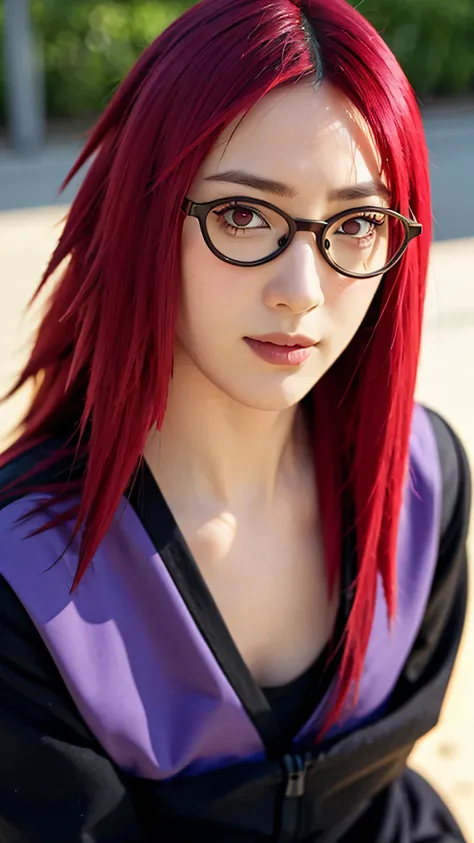 Close-up portrait of Uzumaki Karin from Naruto Shippuden in real life, ultra realistic style, beautiful young woman with long vibrant red hair, wearing rectangular glasses with metal frames, gentle smile, sharp red eyes, wearing her original anime outfit w...