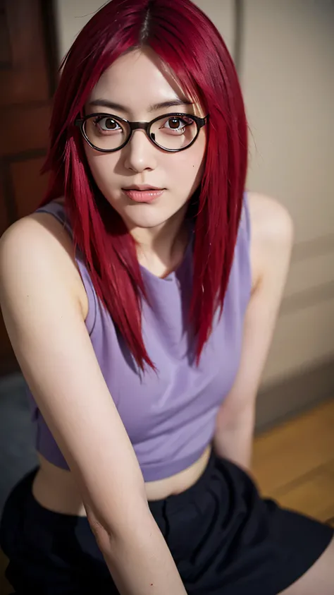 Close-up portrait of Uzumaki Karin from Naruto Shippuden in real life, ultra realistic style, beautiful young woman with long vibrant red hair, wearing rectangular glasses with metal frames, gentle smile, sharp red eyes, wearing her original anime outfit w...