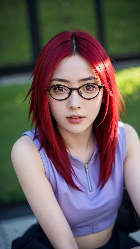 Close-up portrait of Uzumaki Karin from Naruto Shippuden in real life, ultra realistic style, beautiful young woman with long vibrant red hair, wearing rectangular glasses with metal frames, gentle smile, sharp red eyes, wearing her original anime outfit w...