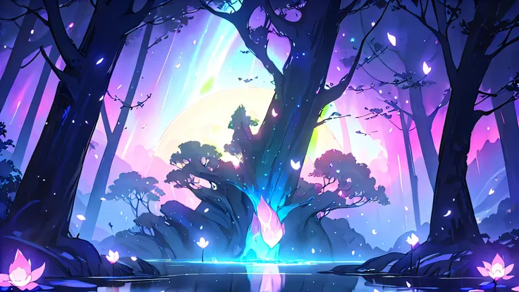 (masterpiece, best quality, ultra-detailed, cinematic lighting, 8k), hidden fae lake under a starry night sky, surrounded by glowing bioluminescent plants and whispering trees, blue-purple auroras reflect across the still water, floating petals and magical...