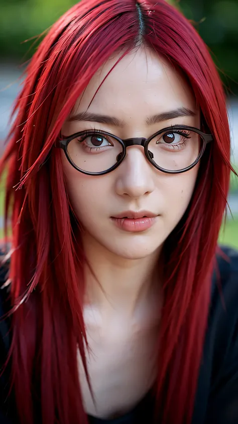 Close-up portrait of Uzumaki Karin from Naruto Shippuden in real life, ultra realistic style, beautiful young woman with long vibrant red hair, wearing rectangular glasses with metal frames, gentle smile, sharp red eyes, wearing her original anime outfit w...