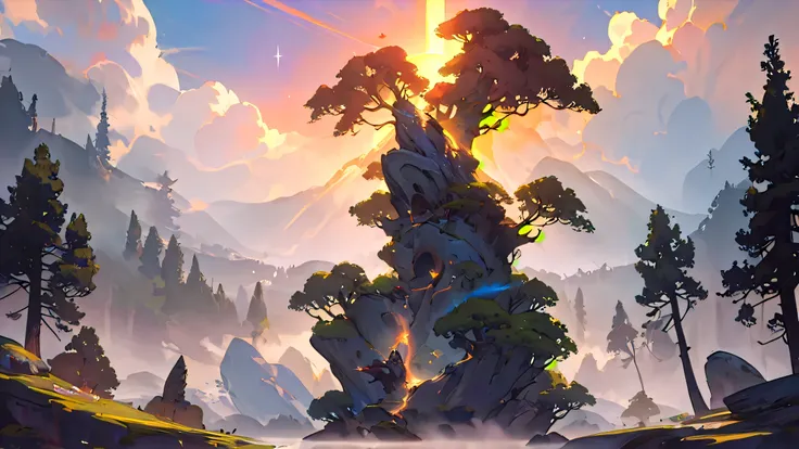 arcane style,(masterpiece, best quality, ultra-detailed, award-winning concept art), a breathtaking, cinematic fantasy scene of a colossal majestic tree with glowing roots, perched and rooted atop a floating stone island in the sky, centered perfectly in t...