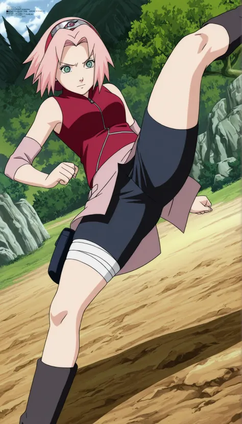1girl,haruno sakura Fighting posturekicking lift 1 leg,Spread your legs 180 degrees , BREAK pink hair, short hair, red hairband, green eyes, parted bangs, BREAK red sleeveless minidress, zipper, pink miniskirt, bandaged thigh, BREAK medium breasts, beautif...