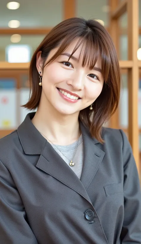 Neat Young Woman、and look at the camera、office lady suit、jacket、shirt、ネックレス、、ear piercing、、smile showing teeth、背景はオフィス
