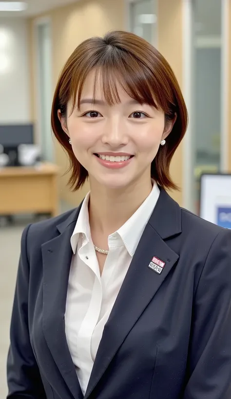 Neat Young Woman、and look at the camera、office lady suit、jacket、shirt、ネックレス、、ear piercing、、smile showing teeth、背景はオフィス
