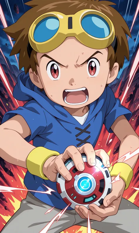 1boy,male focus,TakatoM, solo, brown hair, red eyes, goggles on head, blue hoodie, white shirt, short sleeves, yellow wristband,grey pants,detailed face, detailed eyes,determined eyes,open mouth,shouting,digivice d-power (white with red accents), hand hold...