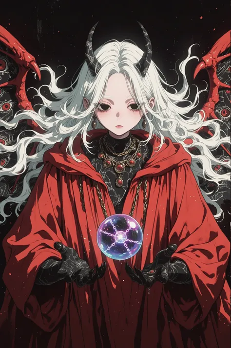 Woman Who Uses Demons , long white hair, Strange Eyes ( black eyes), Crimson Robe embroidered or patterned by The Magic Circle , Metal Accessories ( Rings and Necklaces ), sharp claw, Partially Demonized Body (horns and wings ), Unrealistic...