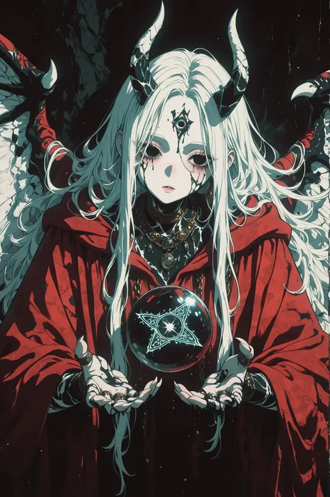 Woman Who Uses Demons , long white hair, Strange Eyes ( black eyes), Crimson Robe embroidered or patterned by The Magic Circle , Metal Accessories ( Rings and Necklaces ), sharp claw, Partially Demonized Body (horns and wings ), Unrealistic...
