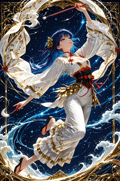 htr,br_art,天照大御god, Realistic Portraits, Portrait of an Expressive Woman with Calligraphy, Jumping, A work that makes it flow, The texture of the brush, Fluttering Scrolls, Gold Leaf Details, Delicate Embroidered Costumes, deep dark blue background, god秘的な...