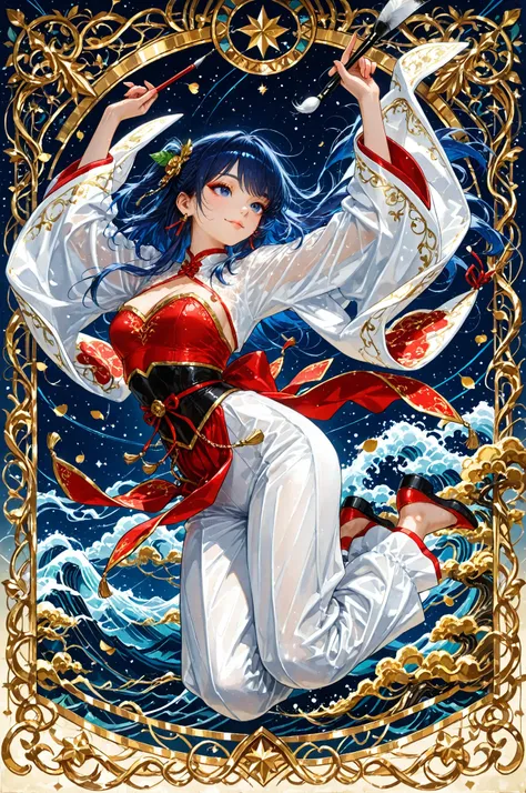 htr,br_art,天照大御god, Realistic Portraits, Portrait of an Expressive Woman with Calligraphy, Jumping, A work that makes it flow, The texture of the brush, Fluttering Scrolls, Gold Leaf Details, Delicate Embroidered Costumes, deep dark blue background, god秘的な...