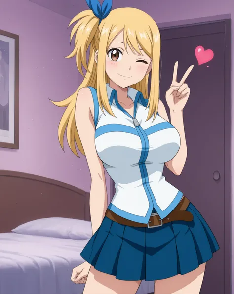 (teasing, wink, one heart symbol, flirty, flirty face,
idole pose, peace sign, standing, standing straight, cowboy shot,)
lcyhrtfdef, brown eyes, blonde hair, side ponytail, long hair, hair ribbon, blue ribbon, sleeveless jacket, two-tone jacket, white ...