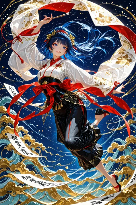 htr,br_art,天照大御god, Realistic Portraits, Portrait of an Expressive Woman with Calligraphy, Jumping, A work that makes it flow, The texture of the brush, Fluttering Scrolls, Gold Leaf Details, Delicate Embroidered Costumes, deep dark blue background, god秘的な...