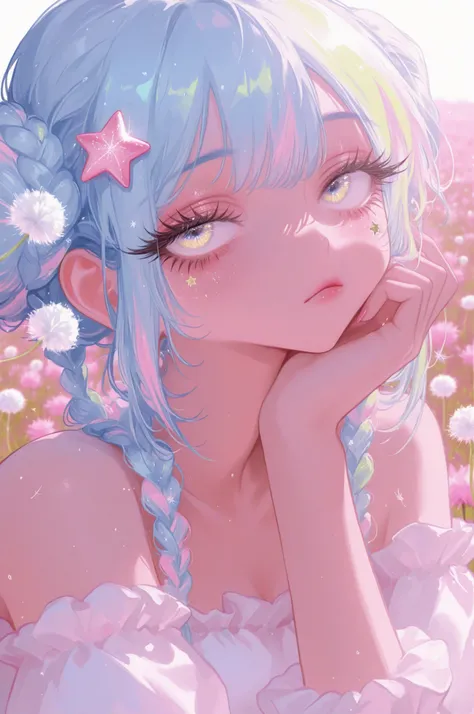 woman with blue braided bun hair,big eyes,long eyelashes,pink star mark under left eye,white ruffle tube top,Dandelion Hair Ornament,Modest Pink Rouge,High Quality,cheek,nail,Bored Girl ,Ridiculous,masterpiece, 最High Quality, Colorful dandelion field