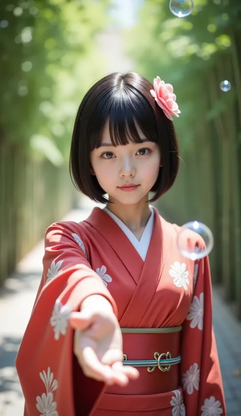 (8k), (best quality), RAW photo, (photo realistic:1.4), very detailed, Very Cute Japanese Girls,(very thin), ((beautiful straight bob cut)) , flower hair ornament, Sad Smile ,Green bamboo groves stand on both sides of the girl, ((I'm wearing a red kimono ...