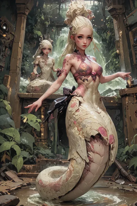 Secretary of the Gods (Ghibli style)
Lovely Naga (rose colored glasses, platinum blonde hair, muscular toned midriff, nice hips, long serpentine scaly body below the waist, magnesium white body paint, black makeup, violet eyes, simple rose colored blouse p...