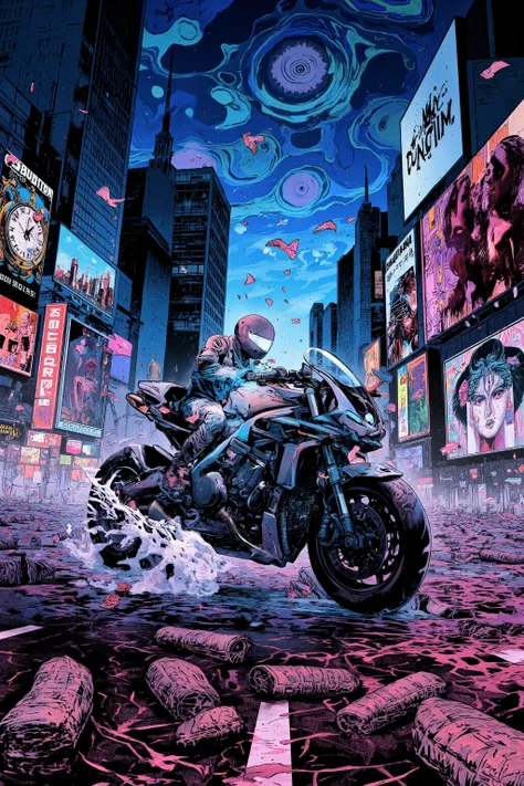 Times Square motorcycle drawing、Hallucinatory Art 、 dmt Death of Ego 、 Psychedelic Horror Blue Sky 、 highly detailed fantasy art 、 DMT Egodes 、 Shamanic Fear 、LSD art、clock、collage、 Neon Sign 、butterfly、 Rose