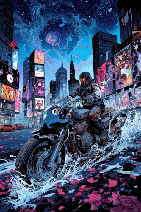 Times Square motorcycle drawing、Hallucinatory Art 、 dmt Death of Ego 、 Psychedelic Horror Blue Sky 、 highly detailed fantasy art 、 DMT Egodes 、 Shamanic Fear 、LSD art、clock、collage、 Neon Sign 、butterfly、 Rose