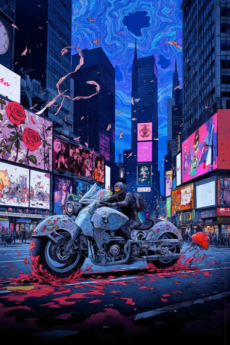 Times Square motorcycle drawing、Hallucinatory Art 、 dmt Death of Ego 、 Psychedelic Horror Blue Sky 、 highly detailed fantasy art 、 DMT Egodes 、 Shamanic Fear 、LSD art、clock、collage、 Neon Sign 、butterfly、 Rose