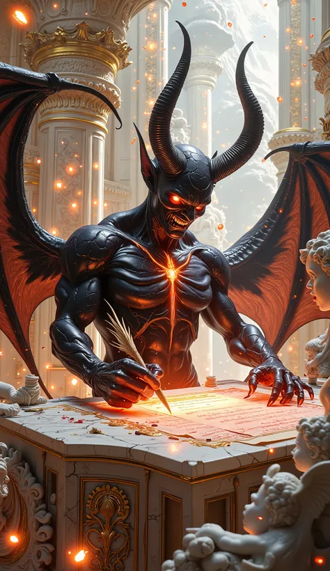 Hyper-realistic, high-detail fantasy scene. Vast celestial library of God: endless white-gold colonnades, luminous clouds, floating scrolls and quills, shafts of divine light streaming from above. At a radiant marble desk sits Lucifer in full demonic form,...