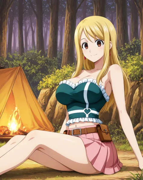 (happy, happy expression, neutral expression,
sitting, sitting on ground, sitting sideways,)
lcyhrtf, brown eyes, blonde hair, sidelocks, long hair, earrings, green crop top, midriff, frilled shirt, strapless shirt, brown belt, belt pouch, pink skirt, p...