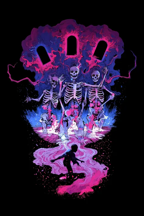 Digital Rendering , Three Skeletons in a Room , Background is pink and blue , Artwork Expressing the Process of Evolution ,3 portals , Psychedelic art, Psychedelic Skeletons , Psychedelic Illustrations , Asymmetric Illustration , surreal psychedeli...