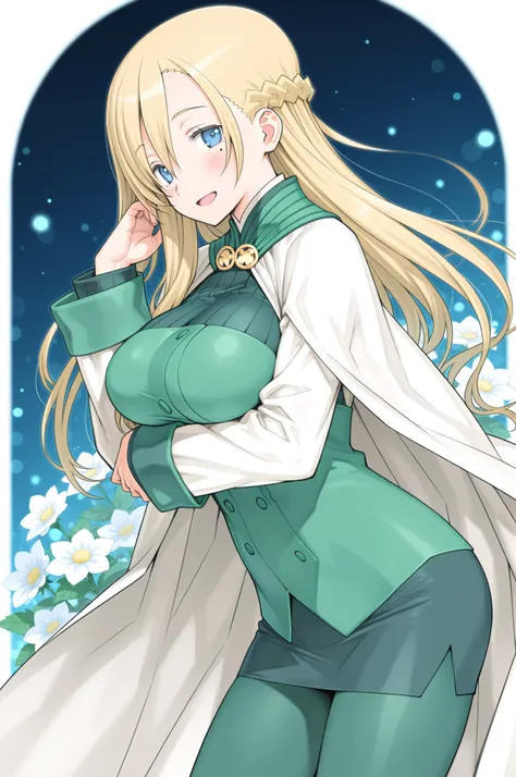 1girl ,mint (summon night) ,blonde hair ,blue eyes ,blush ,breast hold ,breasts ,cape ,cowboy shot ,from side ,flower bed ,green pantyhose ,green skirt ,half updo ,hair flip ,large breasts ,left side ,long hair ,long sleeves ,looking at viewer ,mole ,mole ...