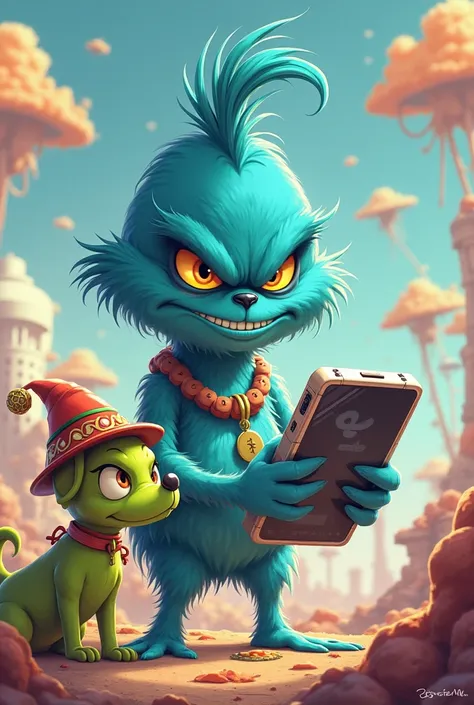 Create an image of the blue Grinch with a huge phone and a green dog with a hat on his head 