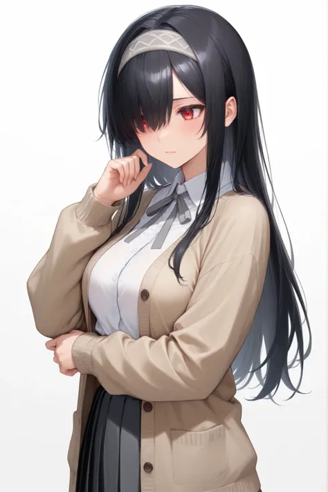 masterpiece, best quality, white background, solid white background, upper body, 1 girl, red eyes, standing, long hair, hair over eye, black hair, short, blouse, cardigan, medium pleats skirt, gray ribbon hairband,