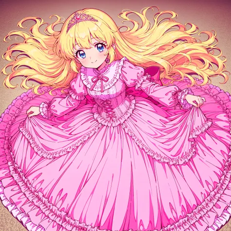((Lora:girls book story sdxl:1.1,retro anime,hi vision)),Lot of Cute Princesses,((wide view:1.5)),she is smiling,((pastel colors Silk Satin Victorian big Ball Gown Dress.:1.0)),detailsed cute face,long sleeves,The dress is decorated with lots of frills and...