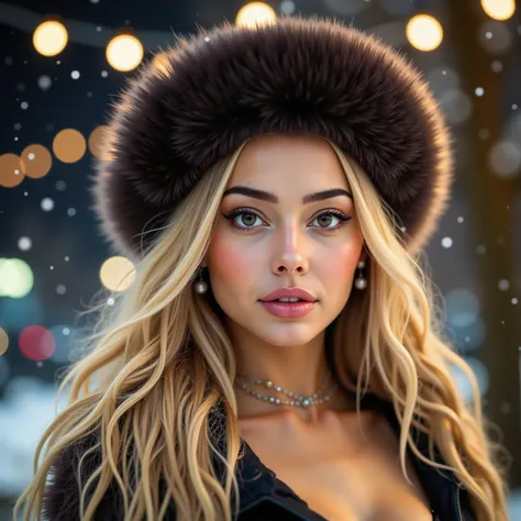 portrait, A female with blonde hair en brown eyes, wearing a fur coat and a fur hat, seductive, perfect subtle makeup, snowing, christmas lights, winter