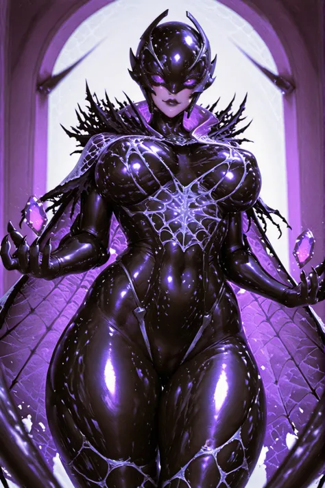 Kaijin Girl. Spiky mechanical full-face helmet. Compound eyes. Black face. Purple lips. Alien eyes. Purple eyes. Glossy. Latex body. Black body. Purple decorations. Sharp claws. Armored arms. Spiky. Spider legs. Perky breasts. Slender body. Thick thighs. G...