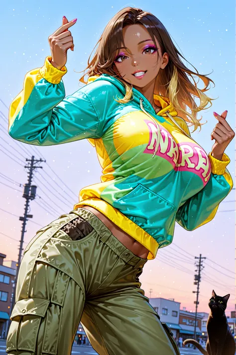 1j female,(((Colorful Hoodies, Cargo Pants))), street dance,finger heart:1.2, Momentum Move ,Expressive,realistic texture, silhouette of the cat ,Light and Contrast,Urban Background,Twilight Sky,4K High Resolution,Photographer style,Realistic Taste,High De...