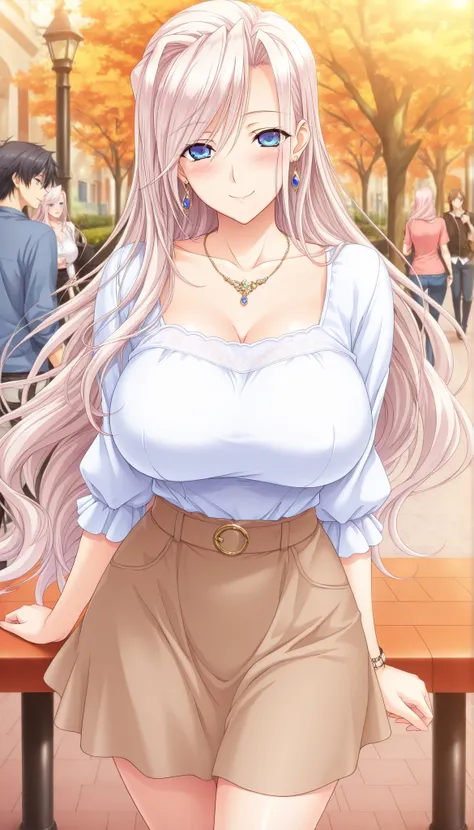 masterpiece, best quality, good quality, 1girl, Charlotte Hazelrink, light pink hair, long hair, blue eyes, large medium breast, beautiful breast, perfect ratio, slim, game cg style, blush, horny, slutty, smile, dating, casual outfit, shirt, skirt, necklac...