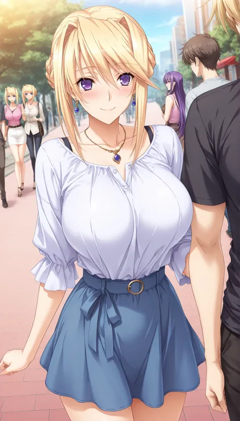 masterpiece, best quality, good quality, 1girl, Silvia van Hossen, blonde hair, bun, side hair, violet eyes, large medium breast, beautiful breast, perfect ratio, slim, game cg style, blush, horny, slutty, smile, dating, casual outfit, shirt, skirt, neckla...