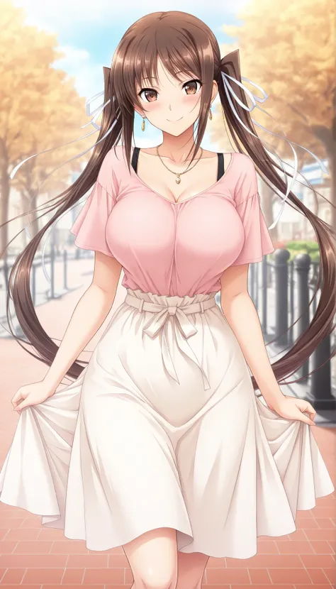 masterpiece, best quality, good quality, 1girl, Houjouin Seika, brown hair, sidehair, spiky bangs, twintails, brown eyes, large medium breast, beautiful breast, perfect ratio, slim, game cg style, blush, horny, slutty, smile, dating, casual outfit, shirt, ...