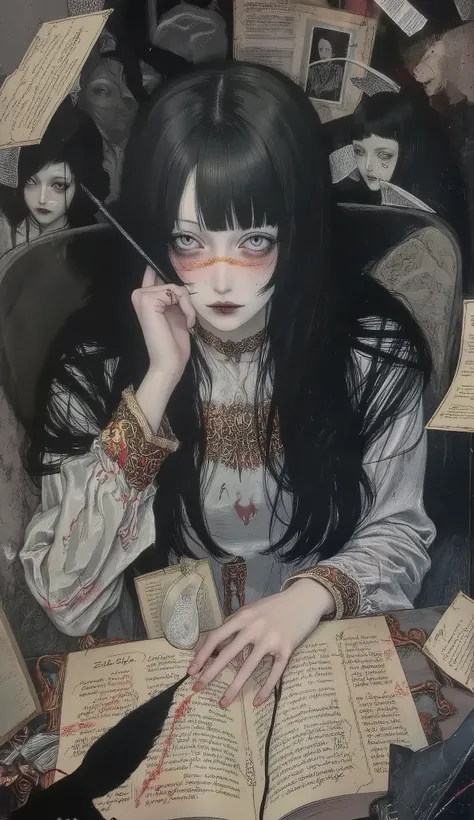 A majestic, otherworldly study suspended between worlds — walls of movable heavenly parchment, ink flowing like liquid starlight, and quills floating in the air, carving fate. In the center, at an ornate table made of blackened elder and gold, sits the sec...