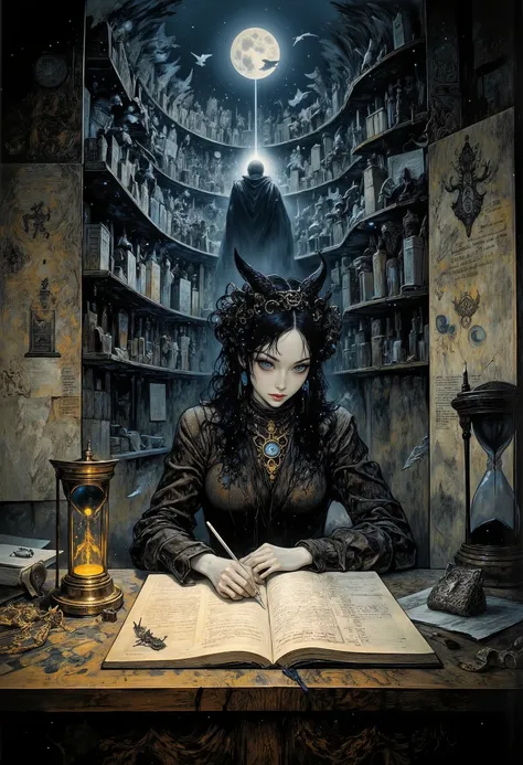 A majestic, otherworldly study suspended between worlds — walls of movable heavenly parchment, ink flowing like liquid starlight, and quills floating in the air, carving fate. In the center, at an ornate table made of blackened elder and gold, sits the sec...