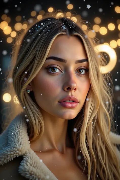portrait, A female with blonde hair en brown eyes, wearing a fur coat and a fur hat, seductive, perfect subtle makeup, snowing, christmas lights, winter