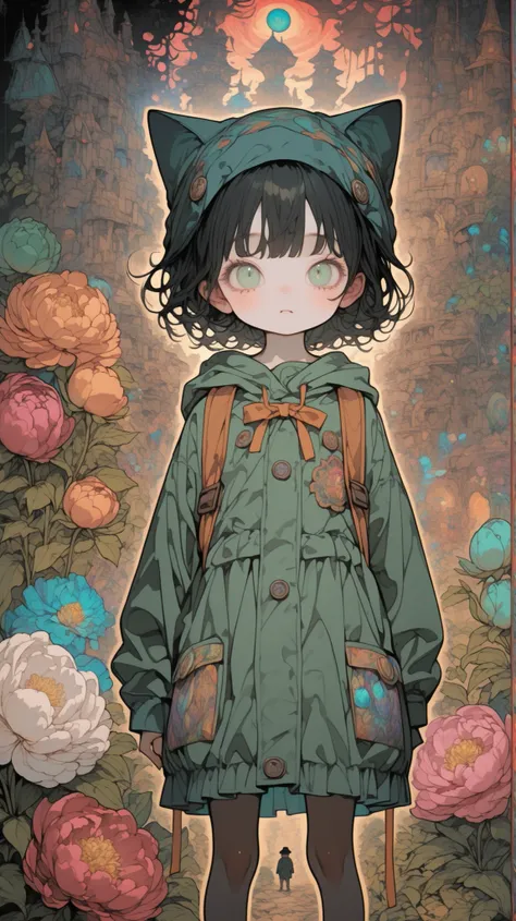 dynamic angle、Vivid like a collage、detailed face、cute face、thin, long legged kindergarten child,Colorful peonies on the background,big face、little boy who is cm tall、long black hair、Cat ear hat、ribbon、Dull green x dark color、(Standing with a sense of stab...