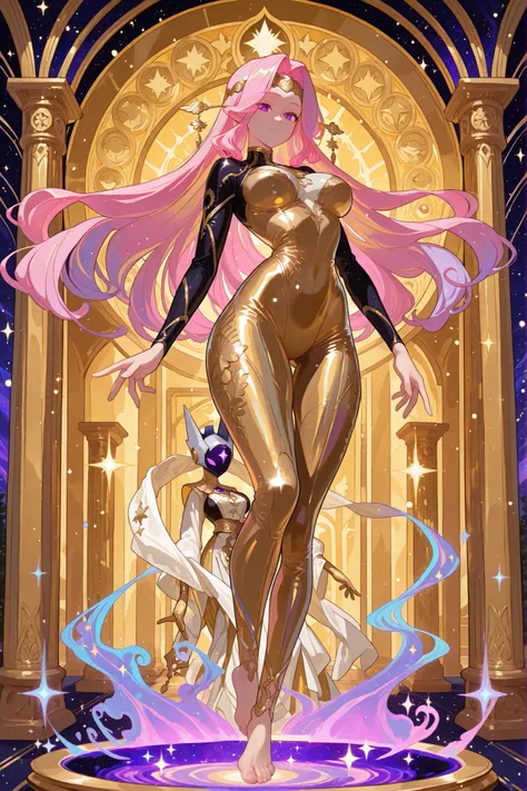 (obra-prima:1.4), (qualidade superior:1.3), (ultra detalhado:1.2), ((1 garota divina)), ((heavenly female silhouette:1.3)), ((harmonious natural curves:1.2)), ((perfect eteric proportions:1.3)), ((fitted white and gold bodysuit:1.4)), ((sparkling sacred de...