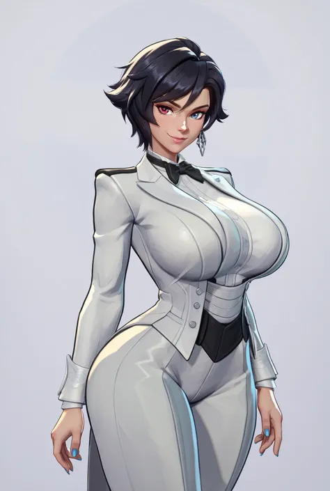 {{masterpiece, ultra-high quality, professionally detailed, professionally shaded}} single person, 1girl,short hair, black hair, absolutely huge breasts, absolutely thick thighs, absolutely wide hips, slim waist, heterochromia, blue eye, red eye, looking a...