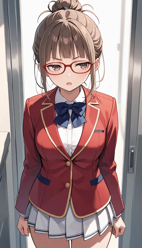 rika morofuji, brown hair, medium hair, opaque glasses, red-framed eyewear glasses,, 1girl, red ribbon, red jacket school uniform, white shirt, red jacket, collared shirt, bowtie, white skirt, from front, standing ,1girl, solo, cowboy shot, morning , scho...