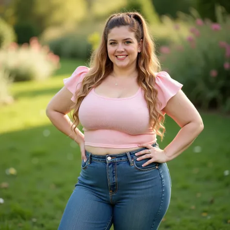full body shot, young woman, white European, light skin, round cute face, curvy body, round hips, strawberry blonde long curly hair worn in a thick ponytail, light pink top, short flounced sleeves, high-waisted tight blue jeans, tight denim stretched over ...