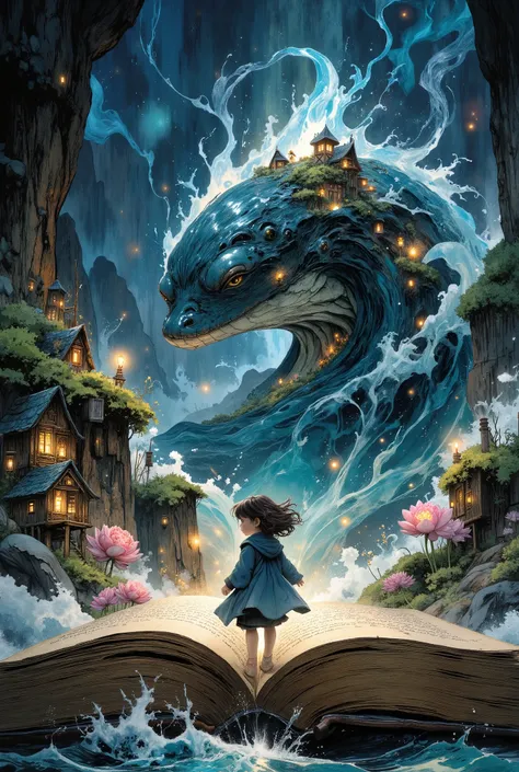 A breathtaking magical scene emerging from an ancient storybook: a giant translucent whale formed entirely of enchanted ocean water bursts from the pages, its body curling into a massive wave. On its back stands a small girl with flowing hair, wearing a bl...