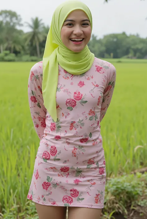 Just Front photo, (thin body) "Facial expression in Happy Orgasm", Wearing flora print hijab, (photorealistic:1.6) (Indonesian green Fluorescent hijab), (mini tiny tights Hotpants), background rice paddy. daytime atmosphere, flat chest!, hands behind back ...