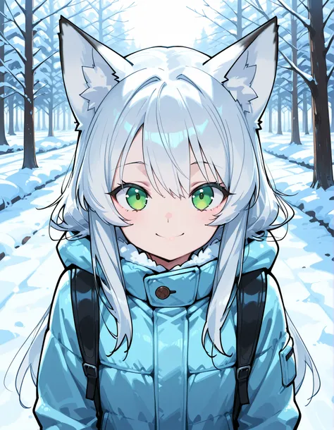 CuteToon_ST,, anime, solo, BREAK, young fox girl, skinny and frail, (petite,cute:0.5), green eyes, looking at viewer, long hair, white hair, smile, winter clothes, outdoors, winter,