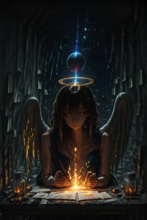 masterpiece, best quality, newest, dynamic angle, motion blur, downwards, (horoshiy_Hands), ((close-up of an ethereal girl)), upper body, portrait, ((colorful splash of effect, golden runes, angel halo, angel wings ,magic runes)), One Brown Eye, one silver...