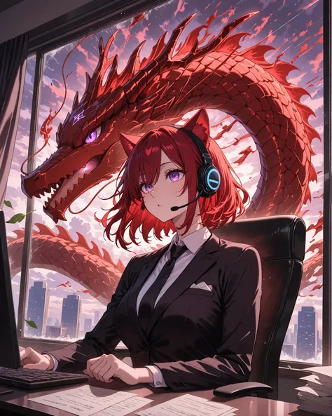 front angle, front view of the character showing the background over her shoulders, (high detail, vivid colors, 4k, masterpiece), {1woman}:(a beautiful and attractive woman, red hair with purple eyes, wearing black business clothes and a headset with cat ...